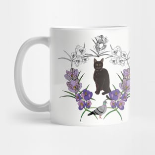 Black cat floral pigeon Mug